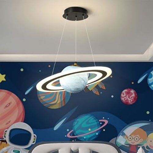 Kid's Room Planet Glass Pendant Lights Creative Planet Boy and Girl Room LED Dimmable Chandelier, Space Planet Bedroom Ceiling Hanging Lamp for Children's Room Study Room
