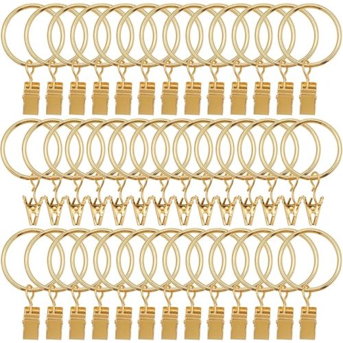40 Pack Metal Curtain Rings with Clips, Drapery Clips with Rings, Curtain Hangers Clips, Drapes Rings 1.26 inch Interior Diameter, Golden