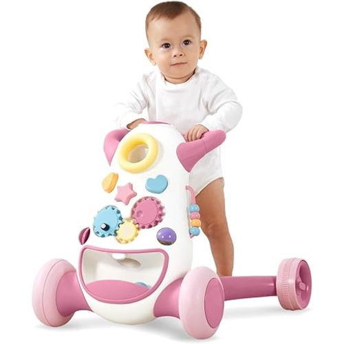 KÜB Baby & Toddler Push Walker, Interactive Sound & Light Effect Musical Montessori Activity Center, Adjustable Speed Wheel, Safe & Stable, Fun Gift for Boy and Girl Learning to Stand & Walk, Pink