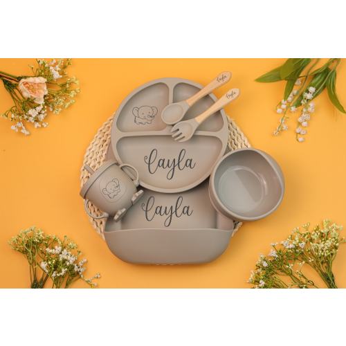 Personalized Silicone Baby Weaning Set, Engraved Silicone Bib, Cartoon Weaning Set for Toddler Baby Kids, Feeding Set with Name