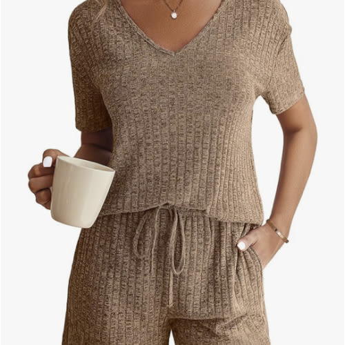 Ekouaer Womens Ribbed Knit Lounge Set Short Sleeve Top and Shorts Sleepwear Pajama Set Two Piece Shorts Outfits Set