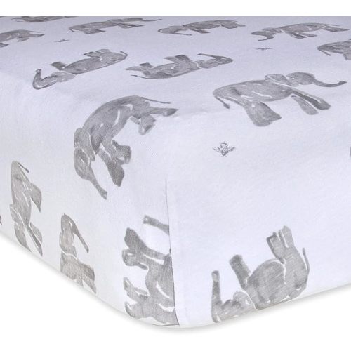 Burts Bees Baby Print Fitted Crib Sheet Organic Cotton BEESNUG - Grey Wandering Elephants Animal Prints, Fits Unisex Standard Bed and Toddler Mattress, Infant Essentials, 28 x 52 x 5.5 Inch 1-Pack - Neutral Elephants