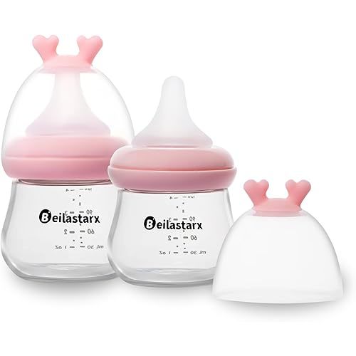 Glass Baby Bottles with Natural Response Nipple Size SS - Anti Colic Baby Bottles Wide Neck Slow Flow Baby Bottle (Red, 4oz (Pack of 2))