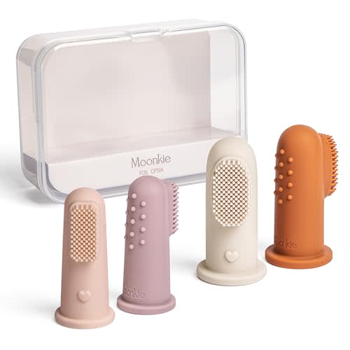 Moonkie Baby Toothbrush Finger Toothbrush Oral Cleaner Kit for 3 Months +, 4 Pcs Small (Blush/Pale Mauve)/Large (Clay/Ivory)