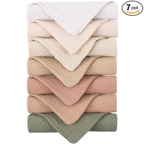 Konssy Baby Muslin Washcloths 7-Pack, 100% Cotton Baby Bath Washcloths, Soft & Absorbent Wash Cloths and Burp Cloths for Newborn Kids Girls & Boys, 11x11 inches