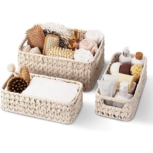GRANNY SAYS Wicker Baskets for Organizing, Wicker Storage Basket for Shlef, Woven Baskets Oraganizer, Waterproof Vanity Basket for Towel, Decorative Basket for Home 0rganization, 3-Pack
