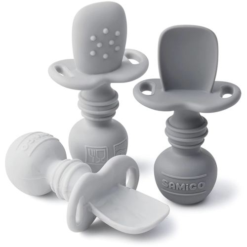 SAMiGO Silicone Baby Spoons Self Feeding 6+ Months - Infant Toddler Utensils - First Stage Baby Led Weaning Feeding Supplies - Set of 3 Pack
