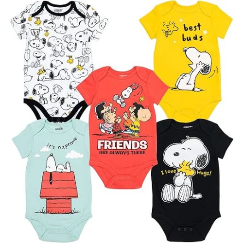 PEANUTS Snoopy Charlie Brown Baby 5 Pack Bodysuits Newborn to Infant