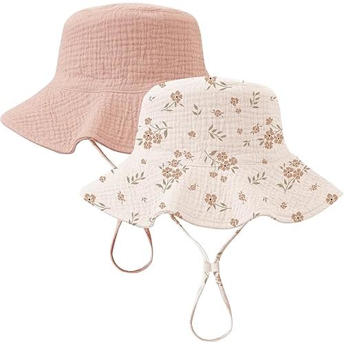 Konssy 2 Pack Muslin Baby Sun Hat UPF 50+ Sun Protection Cotton Baby Bucket Hat Summer Beach Hats with Wide Brim for Girl Boy