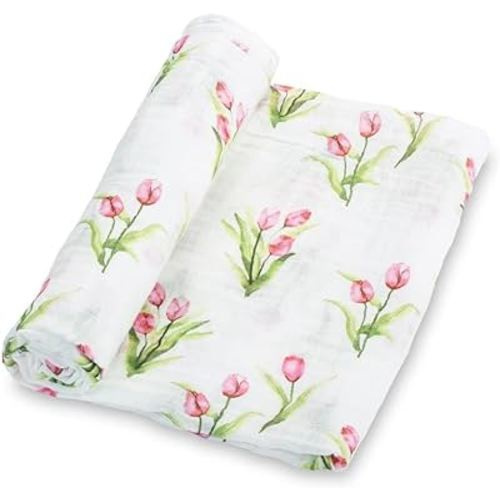 Swaddle Blanket | 100% Muslin Cotton | Newborn and Baby Nursery Essentials for Girls, Registry | Tulip Flower Print