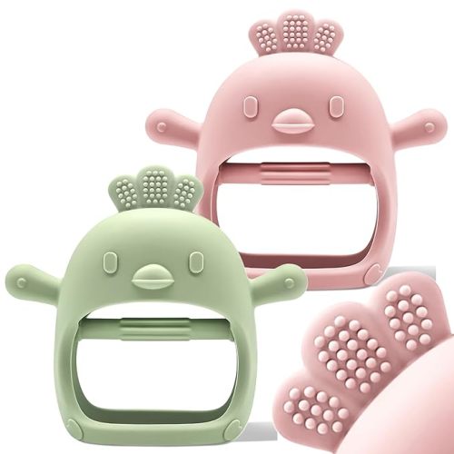 Baby Teething Toys by Komfy LilLove | Non-Toxic Infant Toys 0-6 6-12 Months | CPC Certified Teething Mitten | No Drop Teether for Baby Teething Relief | Baby teether toys | Teething Pacifier - 2 Pack - Green+Pink