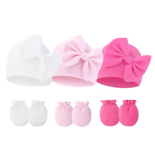 Fecawd Newborn Baby Hats Mittens Sets Bow Infant Caps Gloves No Scratch Mitten Beanie Set for 0-6 Months Girls