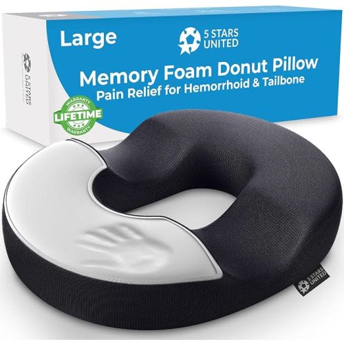 5 STARS UNITED Donut Pillow Hemorrhoid Tailbone Seat Cushion – Large Black Lifting Cushion Pain Relief for Coccyx, Prostate, Sciatica, Pelvic Floor, Pressure Sores, Pregnancy - Large Black Mesh