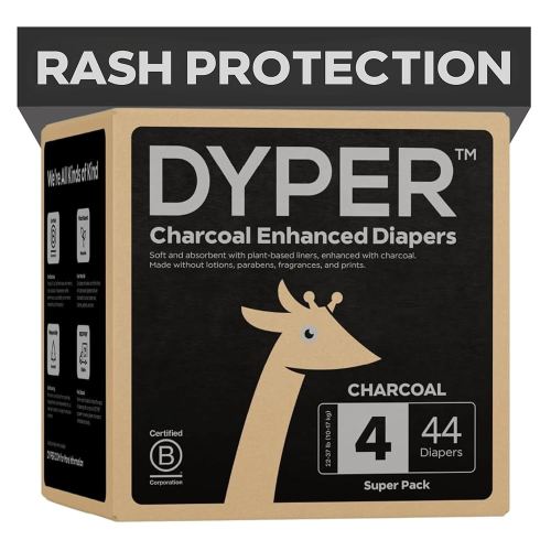 DYPER - Charcoal Enhanced Day & Overnight Disposable Baby Diapers - Made with Plant-Based* & Honest Ingredients, Hypoallergenic for Sensitive Skin - Size 4, (44 Count)