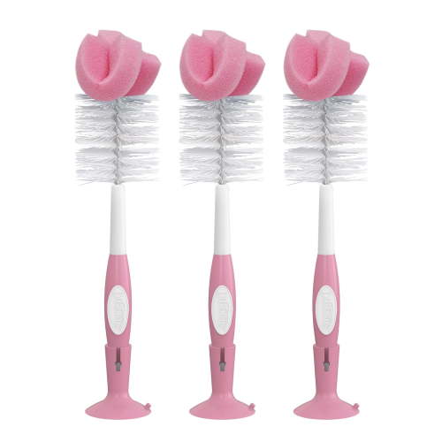 Dr. Brown's Baby Bottle Brush with Suction Cup Stand, Sponge, Scrubber and Nipple Cleaner Pink, 3 Pack