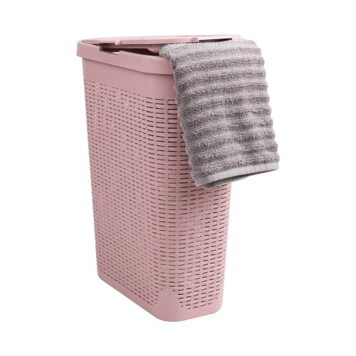 Free Shipping! Mind Reader 40L Slim Laundry Hamper, Clothes Basket, Lid, Wicker Design, Plastic, 18"L x 10.4"W x 23.5"H, Pink