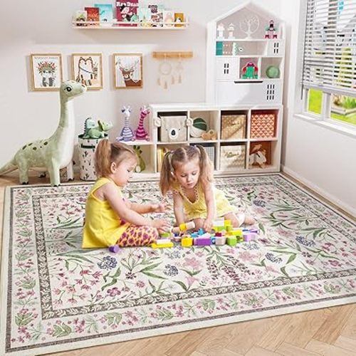 Amearea 8x10 Area Rugs for Living Room, Washable Area Rugs 8 x 10 Pink Floral Rug, Vintage Low Pile Cute Kids Girls Room Print Carpet, Non Slip Office Nursery Bedroom Dining Room Farmhouse Decor