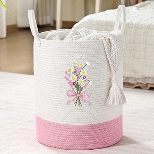 Honeydak 15'' x 18'' Pink Bow Cotton Rope Laundry Basket Hamper Large Laundry Basket Hamper Coquette Bow Room Decor Girls Girly Nursery Storage Bin Tall Round Organizer Blanket Toys Clothes(Flower)