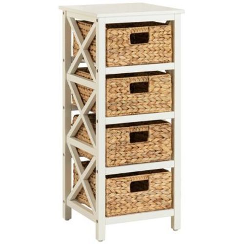 eHemco 4 Tier X-Side Storage End Table with 4 Wicker Baskets, White