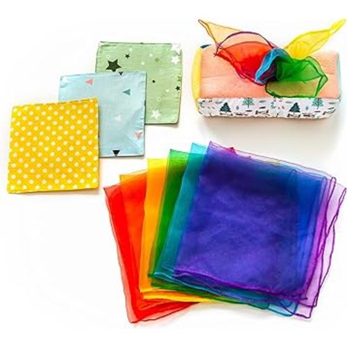 Baby Tissue Box Toy - Montessori Play for Infants and Toddlers - Sensory Textured Box with 12pcs Matching Colorful Scarves and 3pcs Crinkle Paper