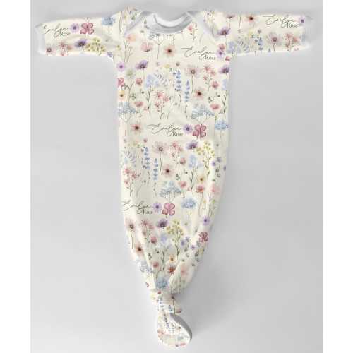 Personalized Tie-Bottom Baby Gown – Wildflower Name Newborn Gown – Soft Stretchy Infant Outfit – Floral Baby Girl Hospital Outfit
