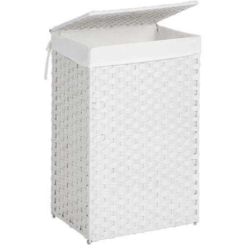 17.2 Gallon (65L) Wicker Laundry Hamper with Lid Laundry Basket with Handles Wicker Basket Foldable Removable Liner Bag White