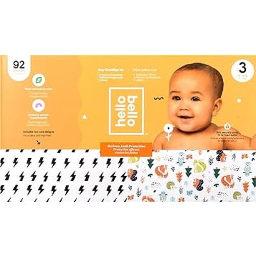 Hello Bello Diapers, Size 3 (14-24 lbs) - 92 Count of Premium Disposable Baby Diapers in Bolt Babes & Woodland Animals Designs - Hypoallergenic with Soft, Cloth-Like Feel