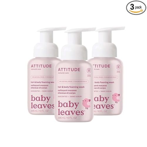 ATTITUDE 2-in-1 Hair and Body Foaming Baby Wash, EWG Verified Shampoo Soap, Dermatologically Tested, Made with Naturally Derived Ingredients, Vegan, Unscented, 10 Fl Oz (Pack of 3)