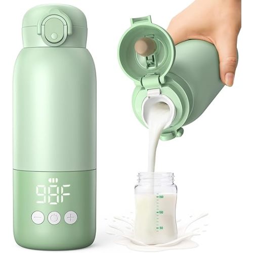 Portable Bottle Warmer for Travel 12oz– 80W Fast Heating, 316 Stainless Steel, 11400mAh Rechargeable Precise Temp Control & LED Display Safety Lock Cordless Travel Warmer for Baby Breastmilk & Formula