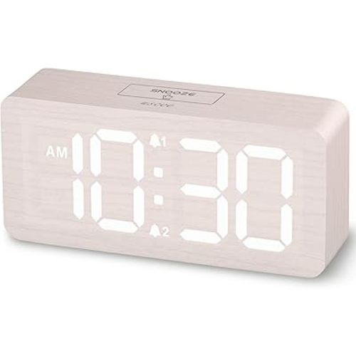 uscce Wooden Digital Alarm Clocks for Bedrooms: Dimmable Dual Alarm Clock with Large Numbers for Bedside Desk - White