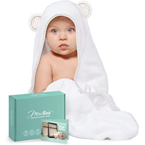 MINIBOO Baby Hooded Towel - Ultra-Soft and Absorbent Rayon from Bamboo Baby Towels for Newborn to Toddlers - Hypoallergenic Baby Bath Towels