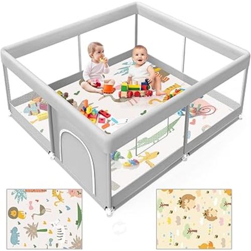 Baby Playpen with Mat, 50x50 Inch Playpen with Mat Waterproof for Babies and Toddlers Play Pen Playards Safety Gate Fence Active Center Indoor