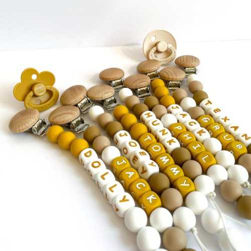 Mustard Yellow Silicone Baby Pacifier Clip • Personalize with Baby Boy or Baby Girl Name • Custom Baby Shower Newborn Gift