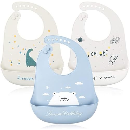 Baby Silicone Feeding Bibs, 3pcs Adjustable Waterproof Bibs for Feeding