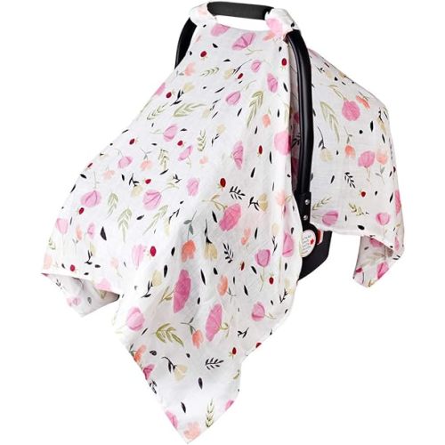 Muslin Baby Car Seat Canopy, Metplus Infant Carseat Cover - Extra Wide Universal Fit, Lightweight Breathable Soft for Babies Girls Shower Gift (Purple Flower)