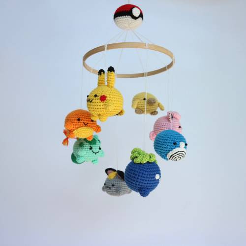 Baby mobile - Pokemon set Pikachu, Chikorita, Charmander, Jigglypuff, Manaphy, crochet baby mobile, nursery decor, crochet mobile,baby gift
