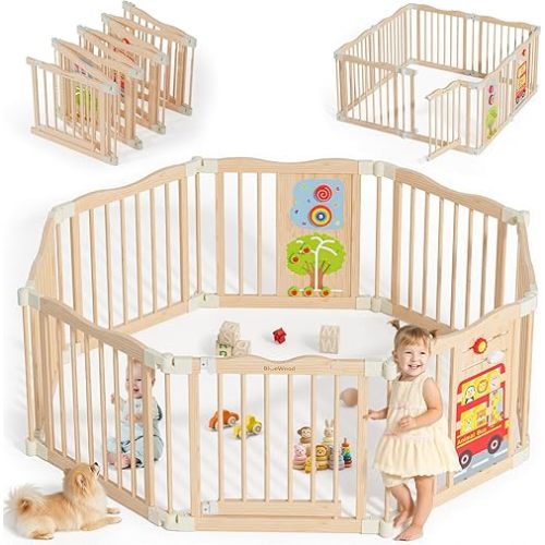 Foldable Wooden Playpen - Adjustable Wood Baby Play Yard with Child-Proof Lock, Indoor Large Safety Fence for Babies and Toddlers - Easy Assembly, 55 x 55 x 24 inches, Animal Bus, Natural