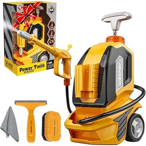 Kids Clean Car Wash Toy - Kids Power Washer with Scraper Sponge Towel, Manual Pressure, Adjustable Water Gun Spray, Pretend Play Tools Role Playing Cleaning Toys Gift for Toddler Boys Girls Ages 3+