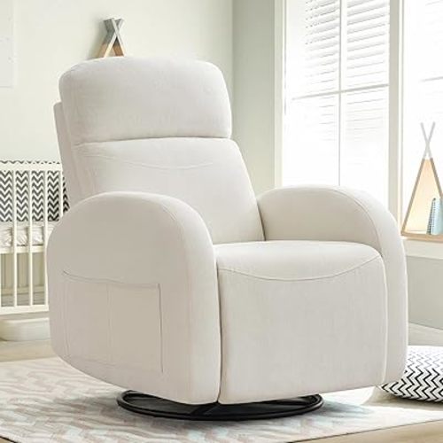 Swivel Recliner Rocker Nursery, Chenille Nursering Glider Recliner, Manual Swivel Rocking Reclining Single Sofa with Double Pockets for Living Room, Cream White