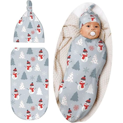 Christmas Baby Stuff Swaddle Blanket Hat Set For Boys Girls, Soft Snowman Newborn Sleeping Sack Receiving Blanket Shower Gift