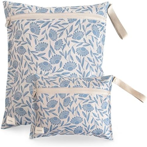 mushie Water Resistant Wet Bags | Large & Small Reusable Storage Bag for Baby Items and Travel | Zippered Pockets with Handle | Machine Washable, Set of 2 (Blue Flowers)
