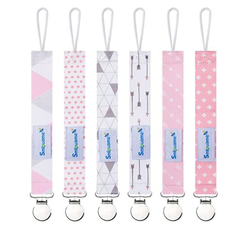 Smlpuame Pacifier Clip Girl,6 Pack Stylish Binky Clips Strap for Baby Girls,Paci Holder with Metal Clip Lightweight Universal Fits Most Pacifiers Teether Toy Soothie,Baby Gifts(Pink & Grey)