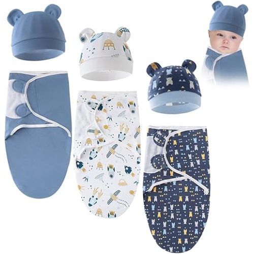 3 Sets Baby Swaddle Sleep Sack with Hat Set, Soft Baby Swaddling Blankets Cute Baby Swaddling Blankets for 0-3 Months