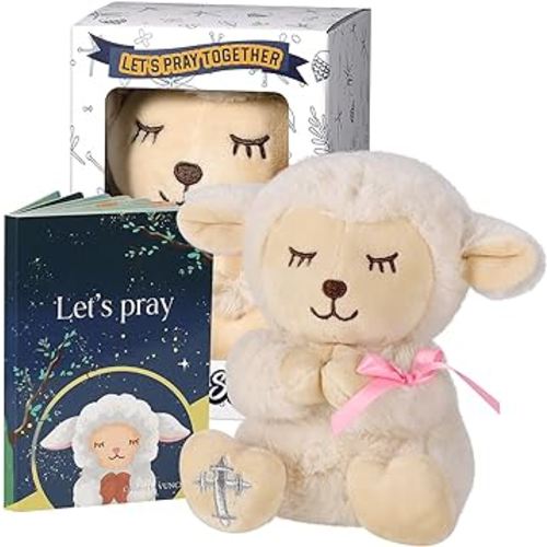 Baptism Gifts for Baby Girls with 7'' Cute Plush Lamb and Pray Book, Baptism, Dedication and Christening Gift Set for Girls in Keepsake Box.