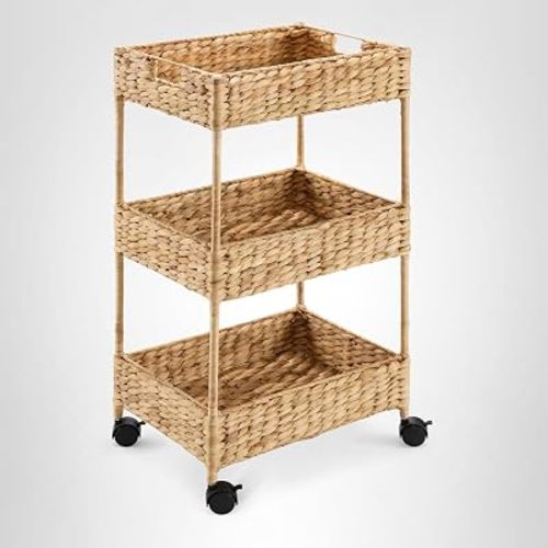 Best Choice Products 3-Tier Water Hyacinth Rolling Nursery Caddy w/Wheels, Utility Cart, Storage Organization for Bathroom, Craft Room, Laundry Room - Natural