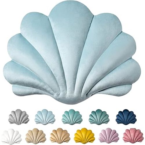 Ashler 3D Throw Pillows Shell Shaped Accent Throw Pillow, Soft Velvet Insert Included Cushion for Couch Bed Living Room, Pack of 1, Light Blue, 14 X 11 inches