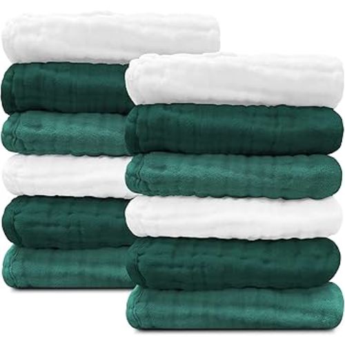 Sunny zzzZZ Baby Muslin Washcloths -100% Cotton Muslin Soft Baby Bath Wash Cloths and Absorbent Burp Cloths for Newborns Kids Girls and Boys -12 Pack, 12x12 Inches - White+Deep Emerald Series