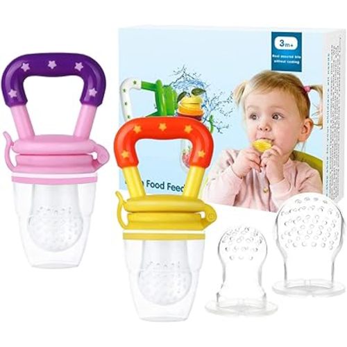 Baby Fruit Feeder by HAOBAOBEI, Frozen Teething Toys for Babies, Fruit Pacifier Feeder with 4 Sizes Silicone Pouches, Eating Essentials, BPA Free Feeding Supplies -2 Pack (Pink Yellow)