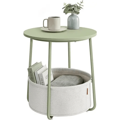 VASAGLE End Table, Small Bedside Table with Fabric Basket, Modern Nightstand, Round Side Table, for Living Room, Bedroom, Laurel Green and Cream White ULET223C69
