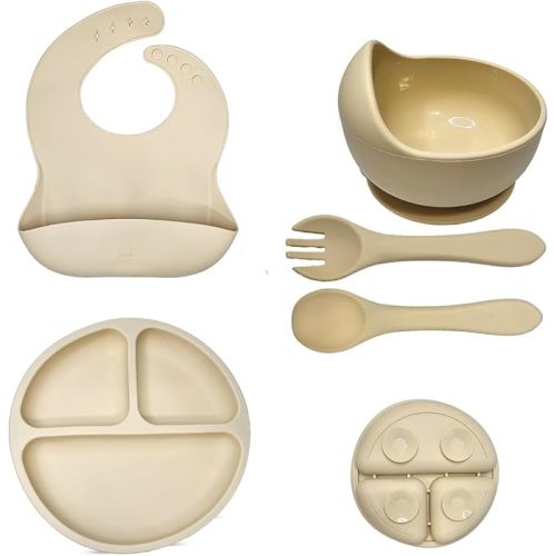 Silicone Baby Feeding Set -Practical 5 Pcs,Baby Led Weaning Supplies,Toddler Eating Spoons Suction Bowl Divided Plate Bib,First Stage Solid Food Eating Utensils - 6+ Months (Off-White) : Amazon.com.au: Baby